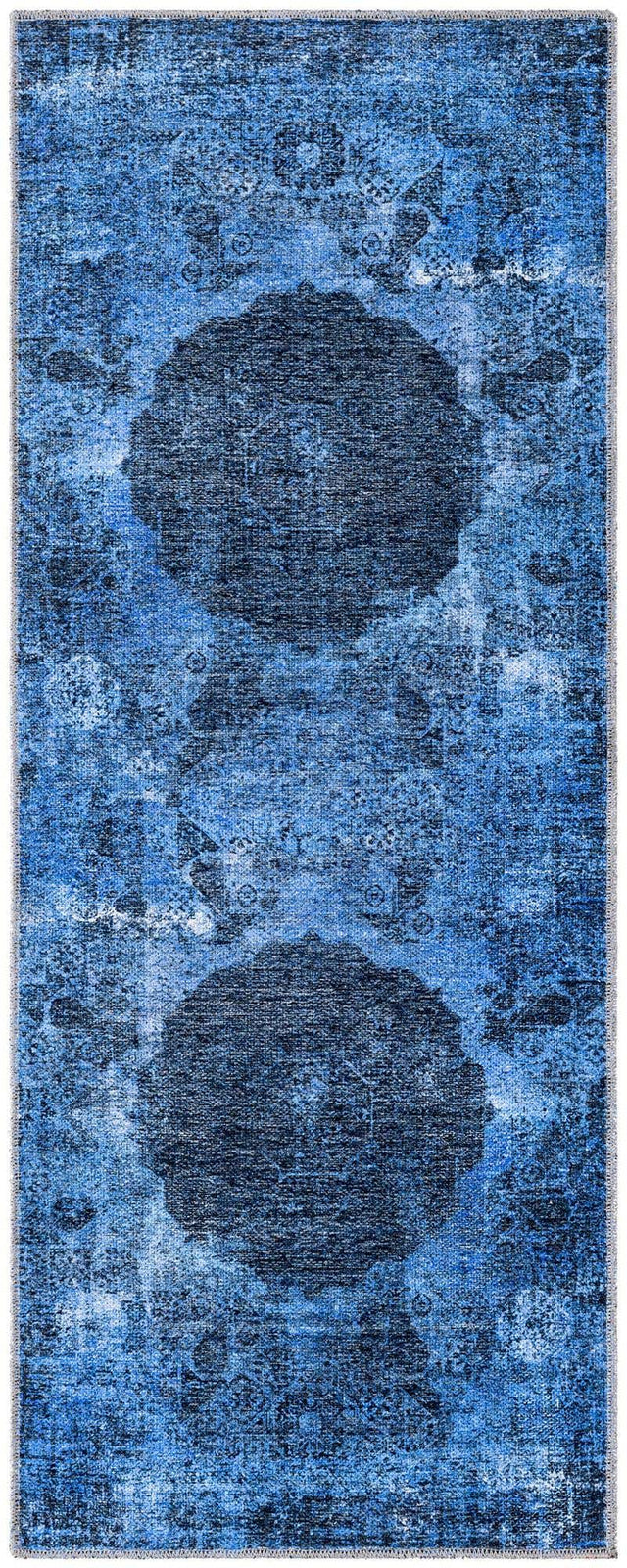 Washable Overdyed Blue 2' x 5' Yara Runner Area Rug Easy to Clean Stain Resistant & Durable