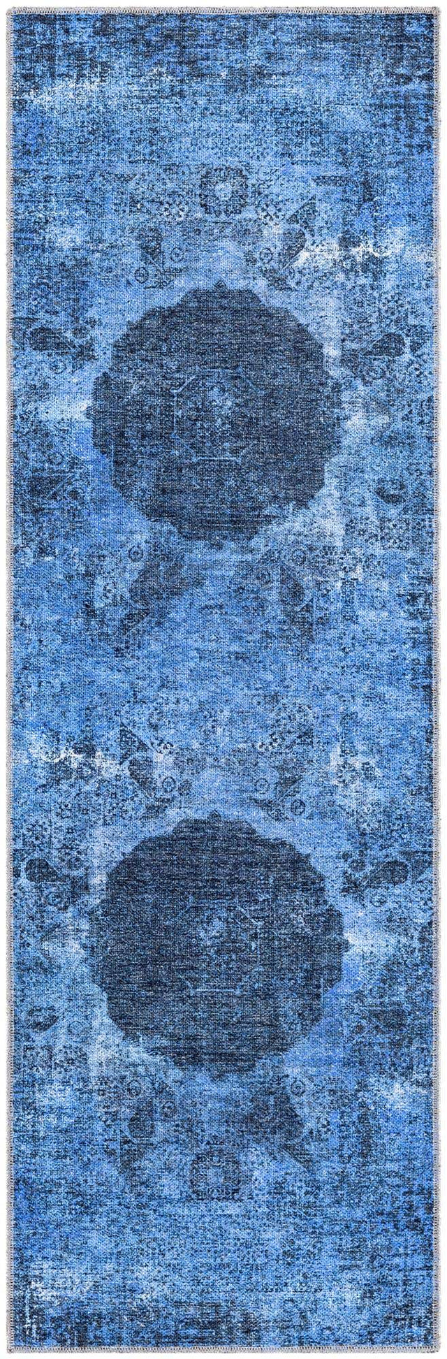 Washable Overdyed Blue 2' x 6' Yara Runner Area Rug Easy to Clean Stain Resistant & Durable Polyester & Chenille Carpet for Sale at Rug Engine