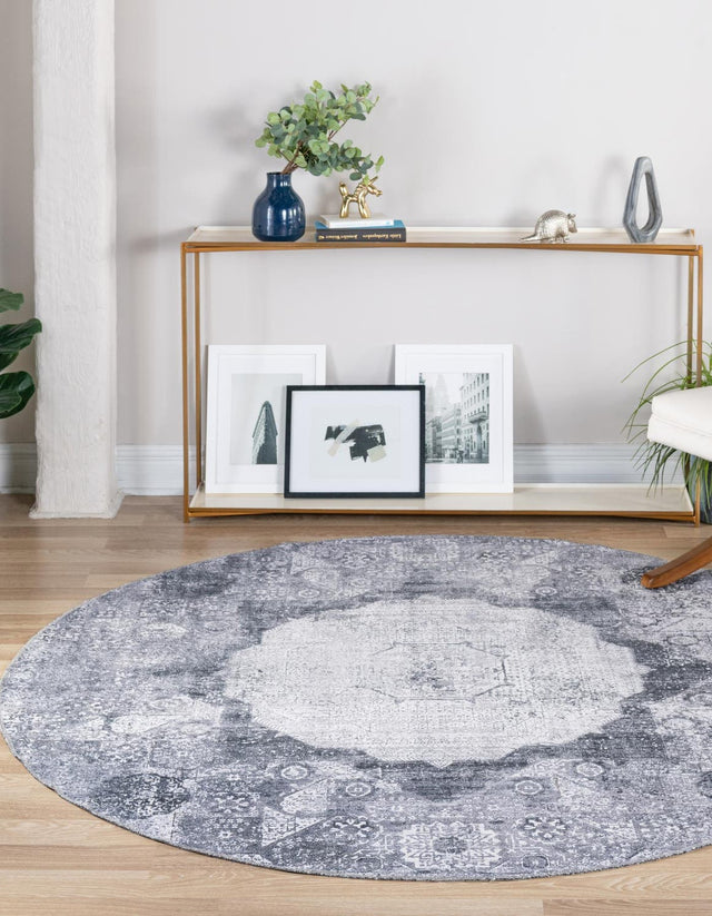 Washable Gray Ivory 4' x 4' Yara Round Area Rug Easy to Clean Stain Resistant & Durable Polyester & Chenille Carpet for Sale at Rug Engine
