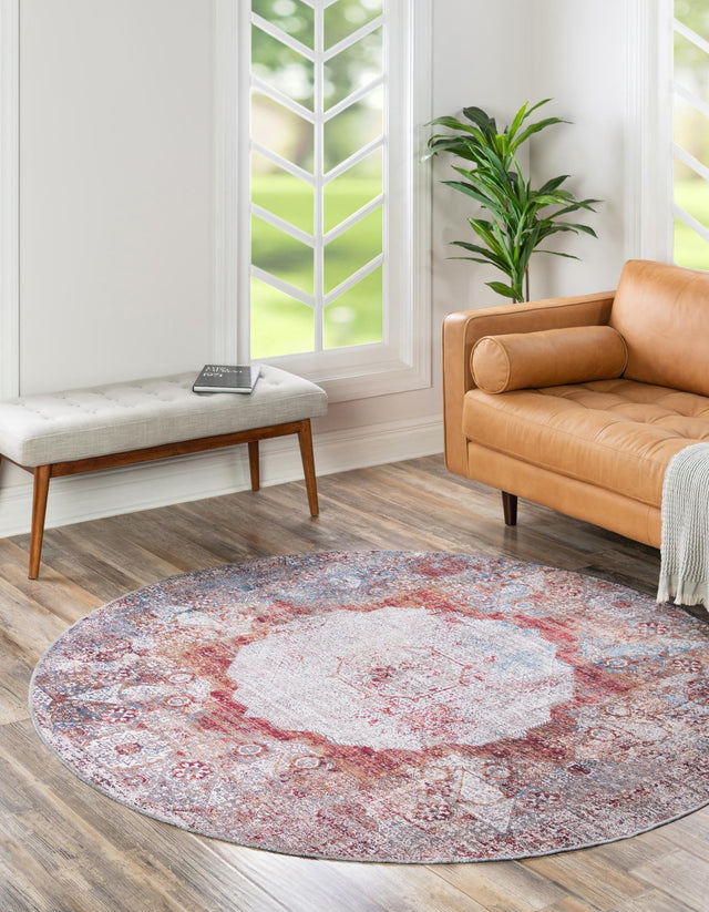Washable Multicolor 7' 10 x 7' 10 Yara Round Area Rug Easy to Clean Stain Resistant & Durable Polyester & Chenille Carpet for Sale at Rug Engine