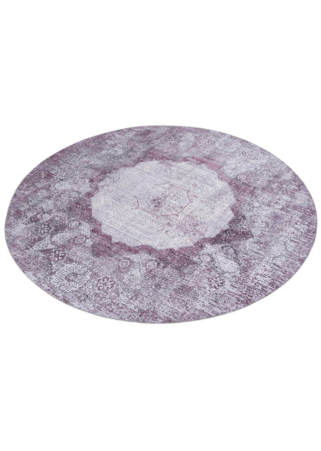 Washable Pink Ivory 7' 10 x 7' 10 Yara Round Area Rug Easy to Clean Stain Resistant & Durable Polyester & Chenille Carpet for Sale at Rug Engine