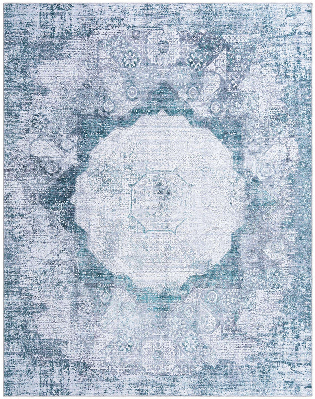 Washable Teal Ivory 7' 10 x 10' Yara Rectangle Area Rug Easy to Clean Stain Resistant & Durable Polyester & Chenille Carpet for Sale at Rug Engine