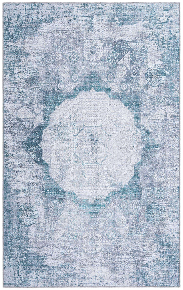 Washable Teal Ivory 5' x 8' Yara Rectangle Area Rug Easy to Clean Stain Resistant & Durable Polyester & Chenille Carpet for Sale at Rug Engine