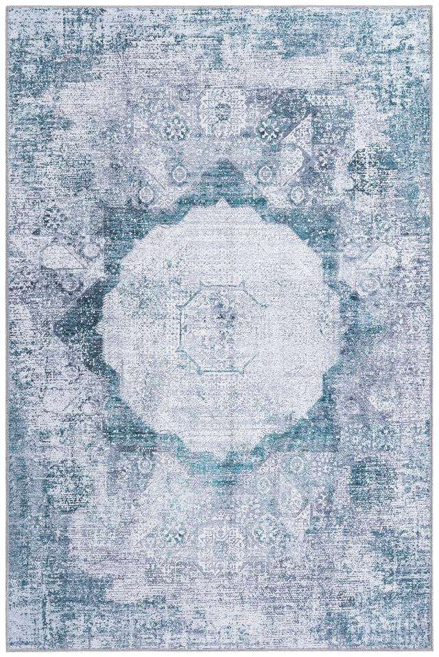 Washable Teal Ivory 4' x 6' Yara Rectangle Area Rug Easy to Clean Stain Resistant & Durable Polyester & Chenille Carpet for Sale at Rug Engine