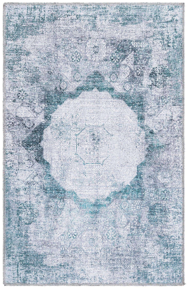 Washable Teal Ivory 2' x 3' Yara Rectangle Area Rug Easy to Clean Stain Resistant & Durable Polyester & Chenille Carpet for Sale at Rug Engine
