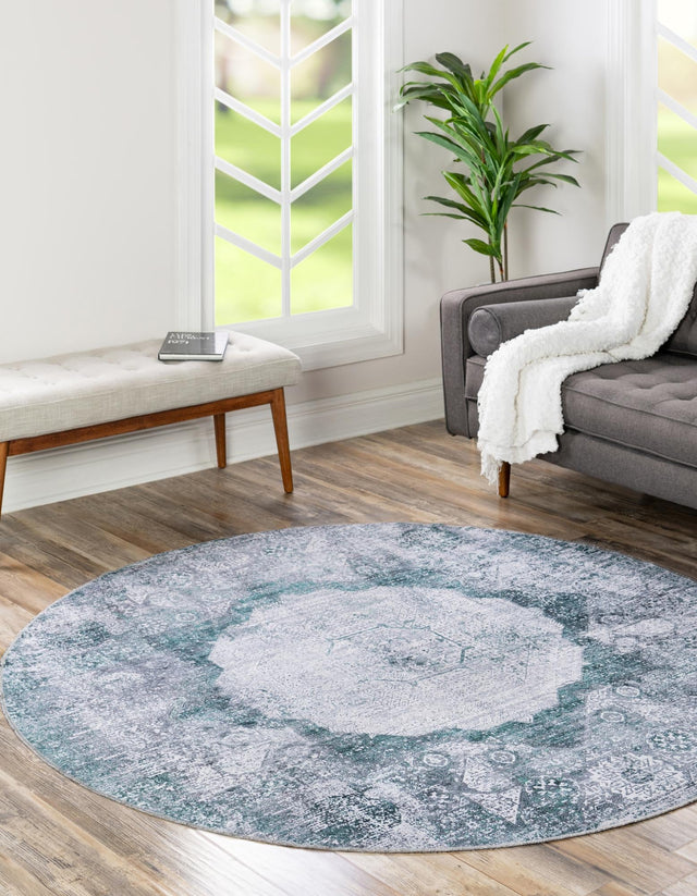 Washable Teal Ivory 6' x 6' Yara Round Area Rug Easy to Clean Stain Resistant & Durable Polyester & Chenille Carpet for Sale at Rug Engine