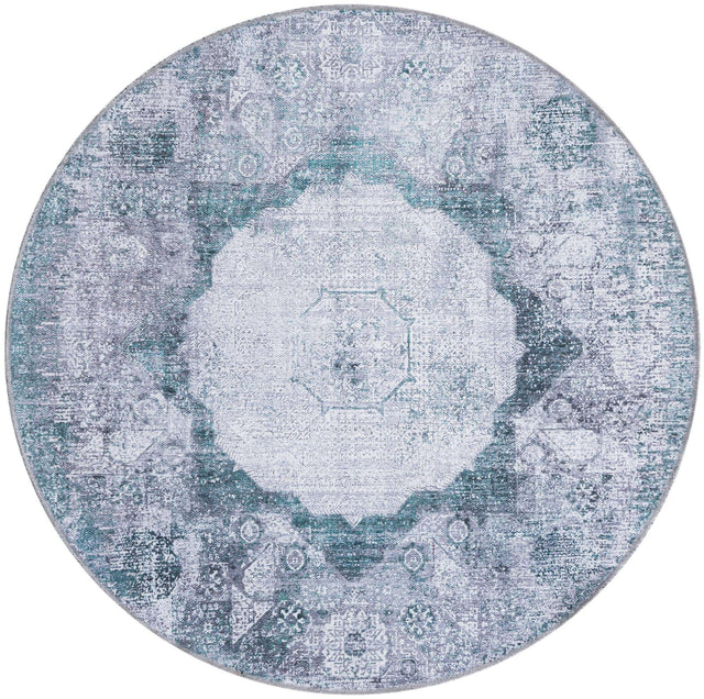 Washable Teal Ivory 4' x 4' Yara Round Area Rug Easy to Clean Stain Resistant & Durable Polyester & Chenille Carpet for Sale at Rug Engine