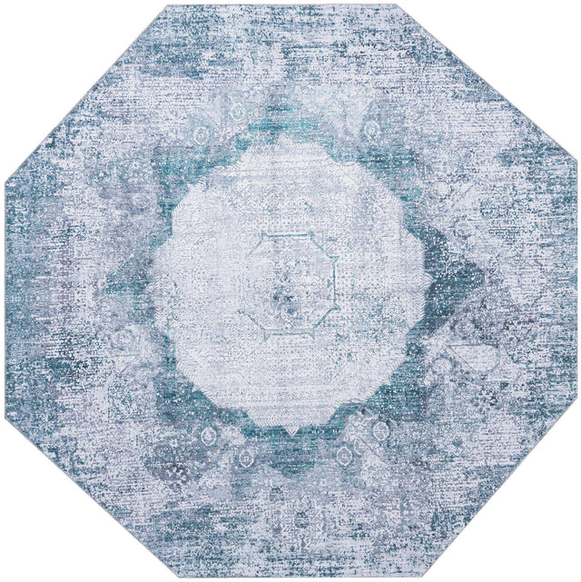 Washable Teal Ivory 7' 10 x 7' 10 Yara Octagon Area Rug Easy to Clean Stain Resistant & Durable Polyester & Chenille Carpet for Sale at Rug Engine