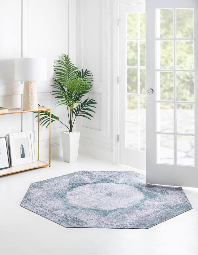 Washable Teal Ivory 7' 10 x 7' 10 Yara Octagon Area Rug Easy to Clean Stain Resistant & Durable Polyester & Chenille Carpet for Sale at Rug Engine