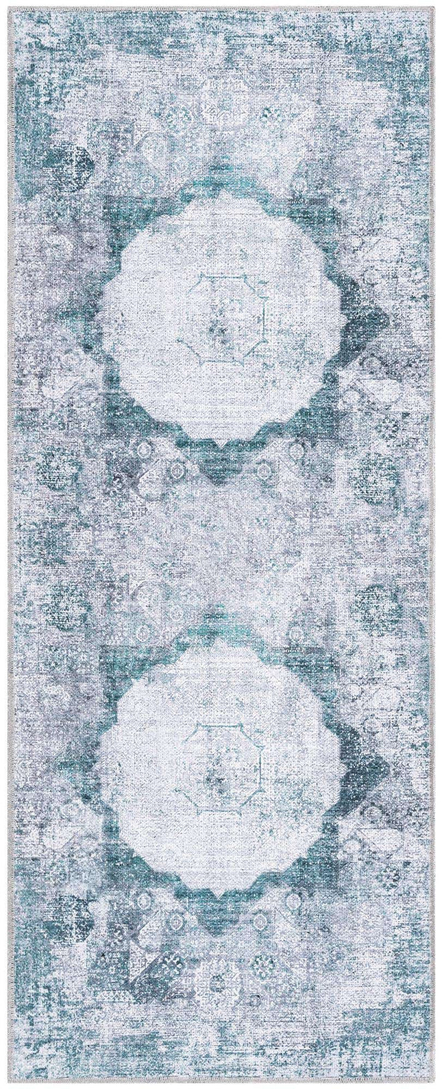 Washable Teal Ivory 2' x 5' Yara Runner Area Rug Easy to Clean Stain Resistant & Durable Polyester & Chenille Carpet for Sale at Rug Engine