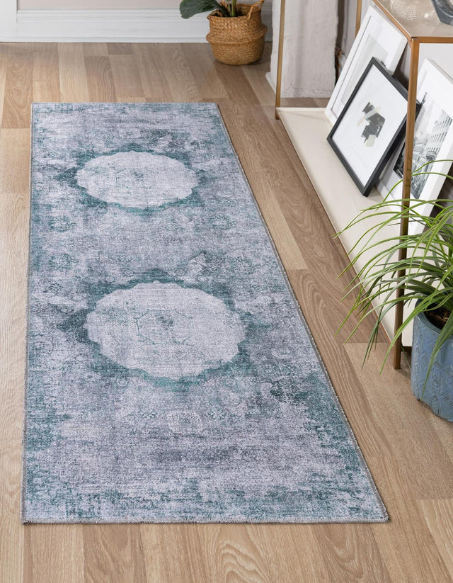 Washable Teal Ivory 2' x 8' Yara Runner Area Rug Easy to Clean Stain Resistant & Durable Polyester & Chenille Carpet for Sale at Rug Engine