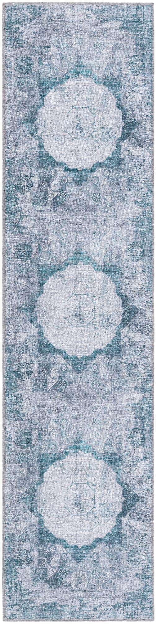 Washable Teal Ivory 2' x 8' Yara Runner Area Rug Easy to Clean Stain Resistant & Durable Polyester & Chenille Carpet for Sale at Rug Engine