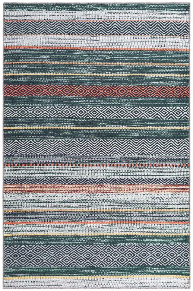 Washable Green 4' x 6' Yara Rectangle Area Rug Easy to Clean Stain Resistant & Durable Polyester & Chenille Carpet for Sale at Rug Engine