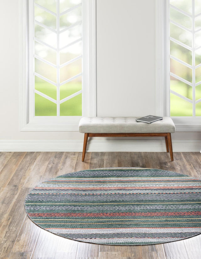 Washable Green 7' 10 x 7' 10 Yara Round Area Rug Easy to Clean Stain Resistant & Durable Polyester & Chenille Carpet for Sale at Rug Engine