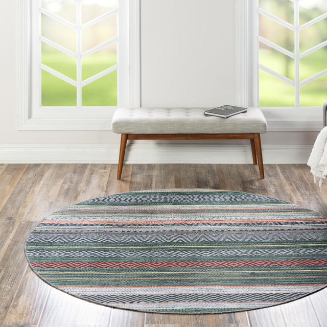Washable Green 4' x 4' Yara Round Area Rug Easy to Clean Stain Resistant & Durable Polyester & Chenille Carpet for Sale at Rug Engine
