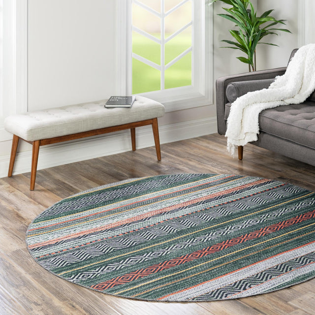 Washable Green 4' x 4' Yara Round Area Rug Easy to Clean Stain Resistant & Durable Polyester & Chenille Carpet for Sale at Rug Engine