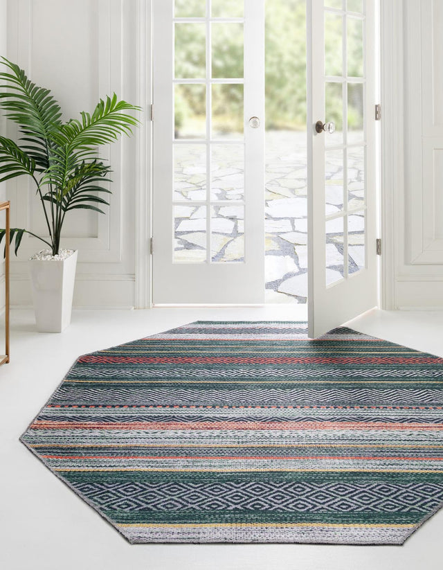 Washable Green 5' x 5' Yara Octagon Area Rug Easy to Clean Stain Resistant & Durable Polyester & Chenille Carpet for Sale at Rug Engine
