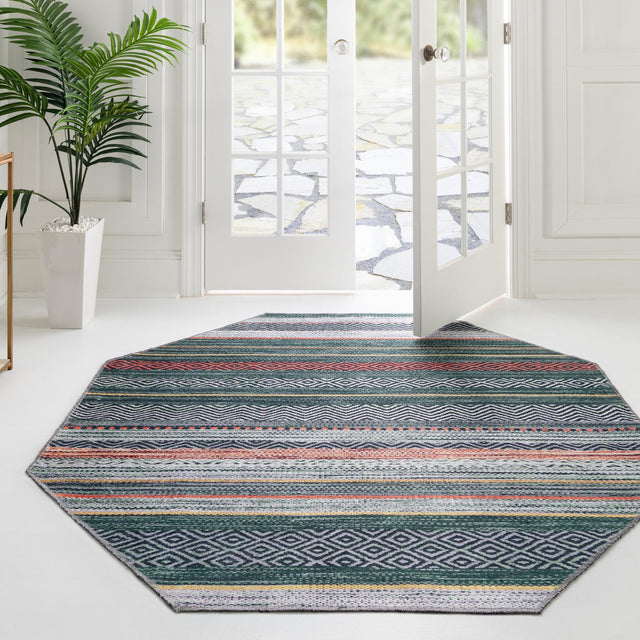 Washable Green 7' 10 x 7' 10 Yara Octagon Area Rug Easy to Clean Stain Resistant & Durable Polyester & Chenille Carpet for Sale at Rug Engine