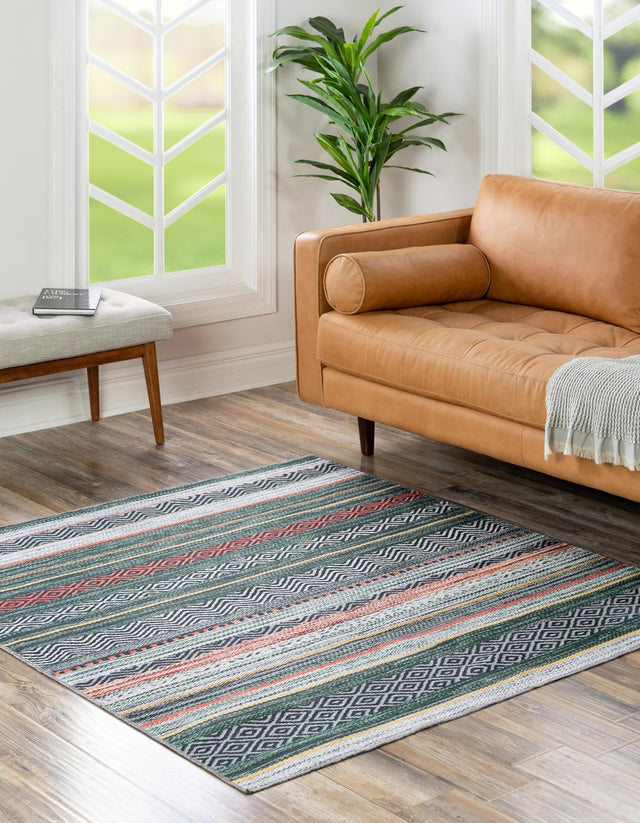 Washable Green 7' 10 x 7' 10 Yara Square Area Rug Easy to Clean Stain Resistant & Durable Polyester & Chenille Carpet for Sale at Rug Engine