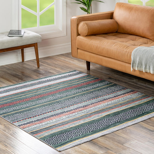 Washable Green 7' 10 x 7' 10 Yara Square Area Rug Easy to Clean Stain Resistant & Durable Polyester & Chenille Carpet for Sale at Rug Engine