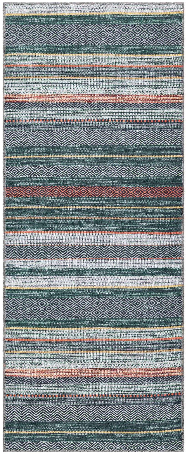 Washable Green 2' x 5' Yara Runner Area Rug Easy to Clean Stain Resistant & Durable Polyester & Chenille Carpet for Sale at Rug Engine