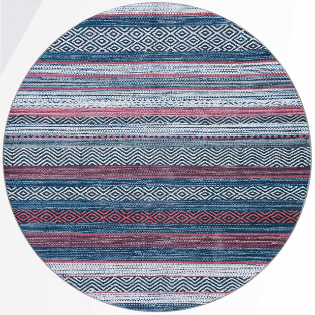 Washable Navy Blue 7' 10 x 7' 10 Yara Round Area Rug Easy to Clean Stain Resistant & Durable Polyester & Chenille Carpet for Sale at Rug Engine