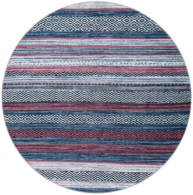 Washable Navy Blue 6' x 6' Yara Round Area Rug Easy to Clean Stain Resistant & Durable Polyester & Chenille Carpet for Sale at Rug Engine