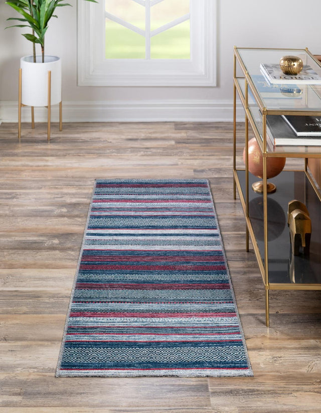 Washable Navy Blue 2' x 8' Yara Runner Area Rug Easy to Clean Stain Resistant & Durable Polyester & Chenille Carpet for Sale at Rug Engine