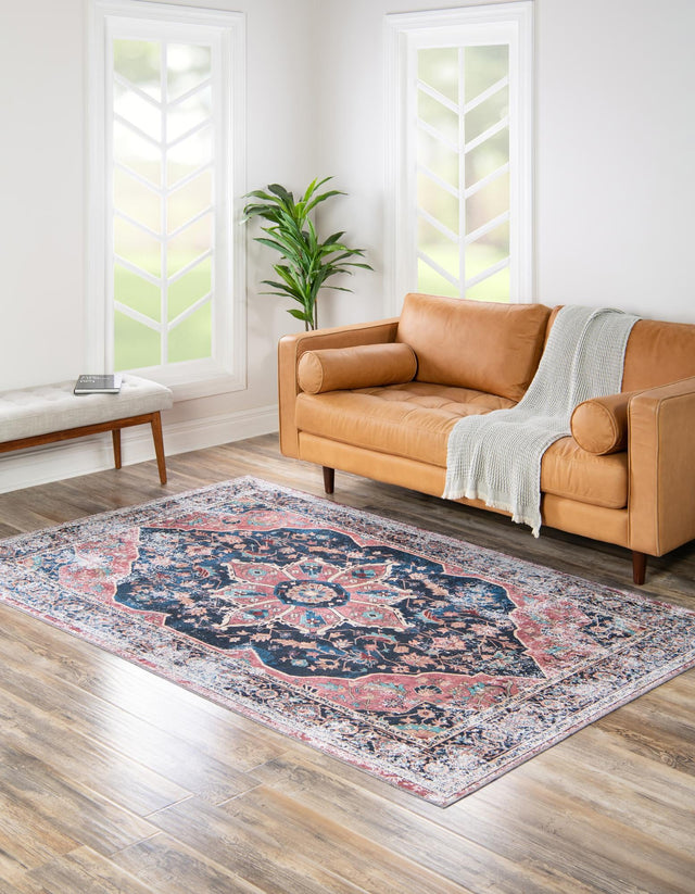 Washable Navy Blue 4' x 6' Yara Rectangle Area Rug Easy to Clean Stain Resistant & Durable Polyester & Chenille Carpet for Sale at Rug Engine