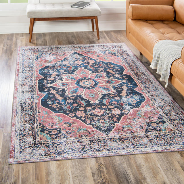 Washable Navy Blue 2' x 3' Yara Rectangle Area Rug Easy to Clean Stain Resistant & Durable Polyester & Chenille Carpet for Sale at Rug Engine