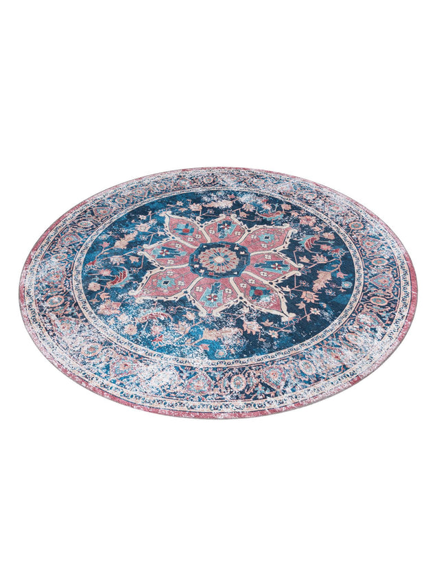 Washable Navy Blue 7' 10 x 7' 10 Yara Round Area Rug Easy to Clean Stain Resistant & Durable Polyester & Chenille Carpet for Sale at Rug Engine