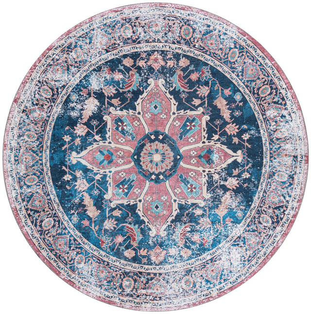 Washable Navy Blue 7' 10 x 7' 10 Yara Round Area Rug Easy to Clean Stain Resistant & Durable Polyester & Chenille Carpet for Sale at Rug Engine
