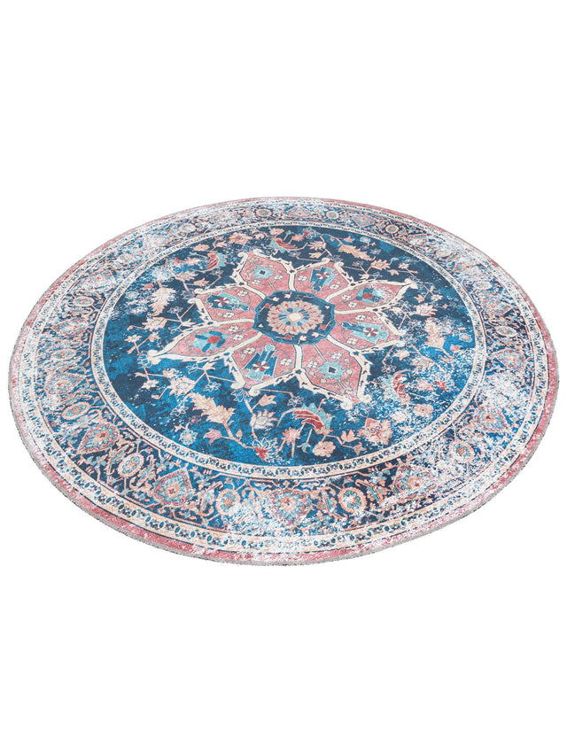 Washable Navy Blue 6' x 6' Yara Round Area Rug Easy to Clean Stain Resistant & Durable Polyester & Chenille Carpet for Sale at Rug Engine