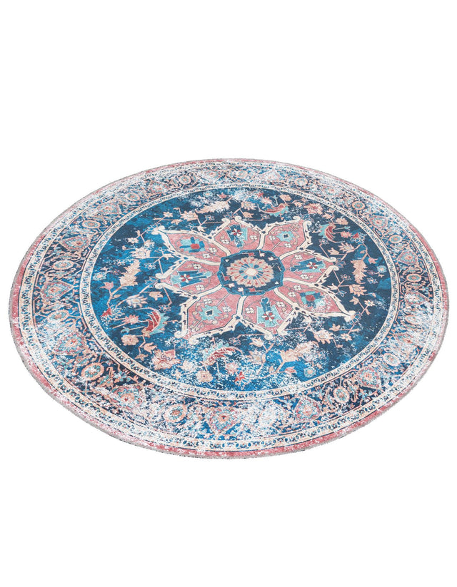 Washable Navy Blue 6' x 6' Yara Round Area Rug Easy to Clean Stain Resistant & Durable Polyester & Chenille Carpet for Sale at Rug Engine