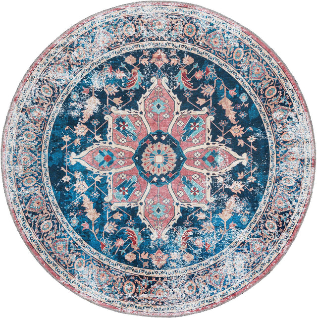 Washable Navy Blue 6' x 6' Yara Round Area Rug Easy to Clean Stain Resistant & Durable Polyester & Chenille Carpet for Sale at Rug Engine