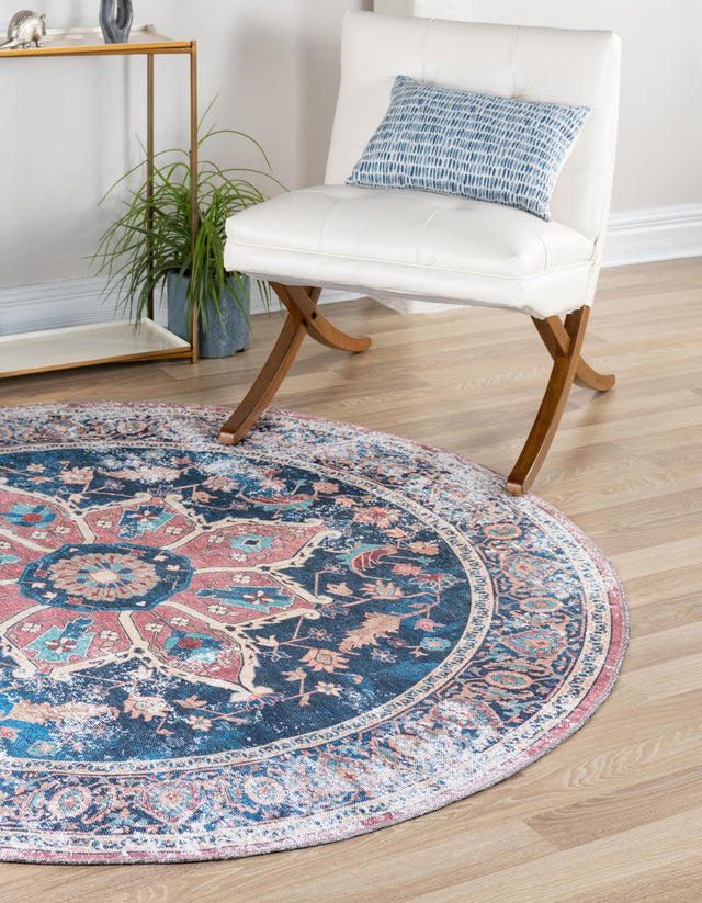 Washable Navy Blue 7' 10 x 7' 10 Yara Round Area Rug Easy to Clean Stain Resistant & Durable Polyester & Chenille Carpet for Sale at Rug Engine