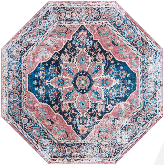 Washable Navy Blue 7' 10 x 7' 10 Yara Octagon Area Rug Easy to Clean Stain Resistant & Durable Polyester & Chenille Carpet for Sale at Rug Engine