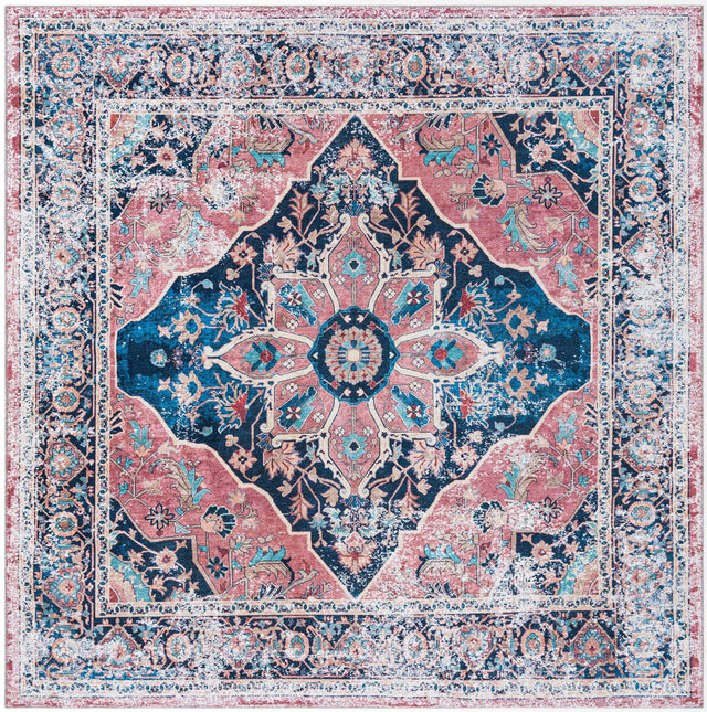 Washable Navy Blue 7' 10 x 7' 10 Yara Square Area Rug Easy to Clean Stain Resistant & Durable Polyester & Chenille Carpet for Sale at Rug Engine