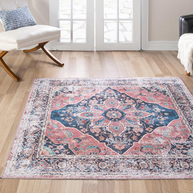 Washable Navy Blue 7' 10 x 7' 10 Yara Square Area Rug Easy to Clean Stain Resistant & Durable Polyester & Chenille Carpet for Sale at Rug Engine