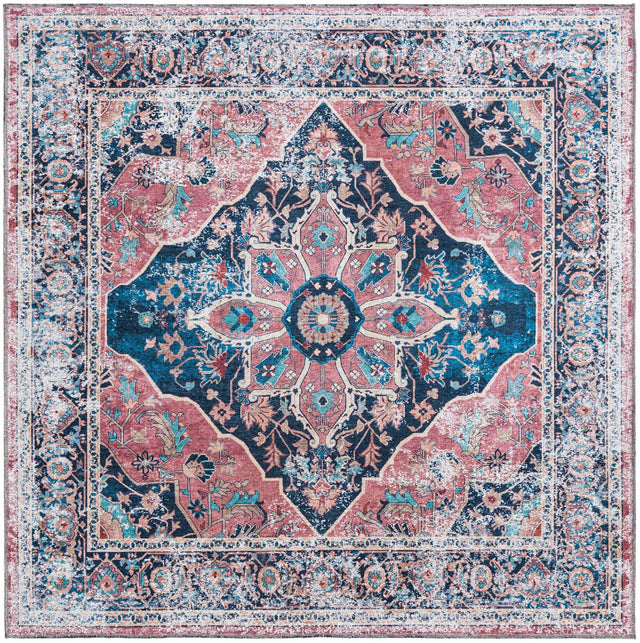 Washable Navy Blue 5' x 5' Yara Square Area Rug Easy to Clean Stain Resistant & Durable Polyester & Chenille Carpet for Sale at Rug Engine