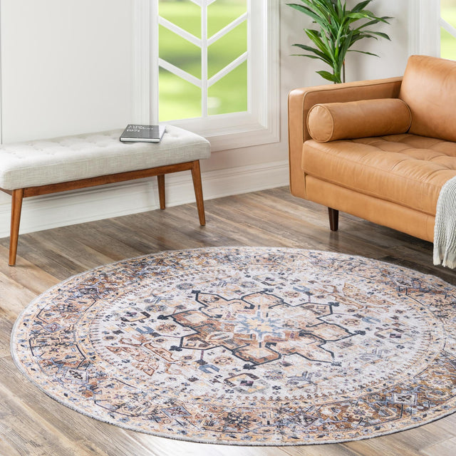 Washable Ivory Almond 6' x 6' Yara Round Area Rug Easy to Clean Stain Resistant & Durable Polyester & Chenille Carpet for Sale at Rug Engine