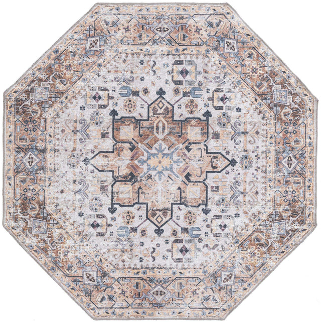Washable Ivory Almond 5' x 5' Yara Octagon Area Rug Easy to Clean Stain Resistant & Durable Polyester & Chenille Carpet for Sale at Rug Engine