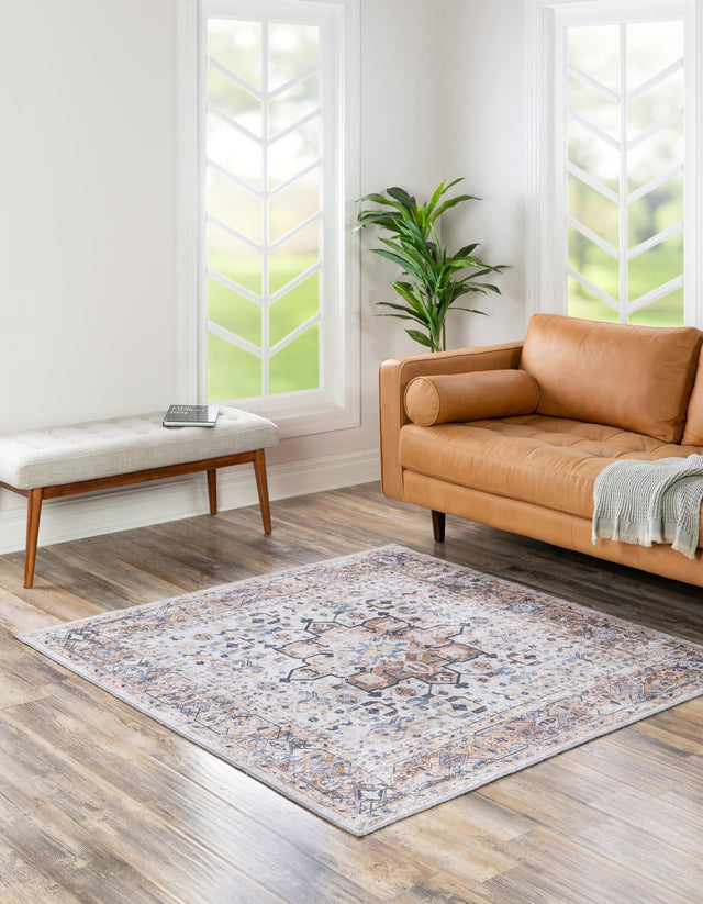 Washable Ivory Almond 7' 1 x 7' 1 Yara Square Area Rug Easy to Clean Stain Resistant & Durable Polyester & Chenille Carpet for Sale at Rug Engine