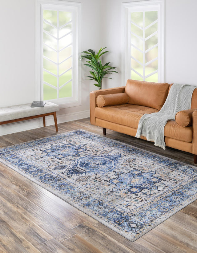 Washable Royal Blue 5' x 8' Yara Rectangle Area Rug Easy to Clean Stain Resistant & Durable Polyester & Chenille Carpet for Sale at Rug Engine