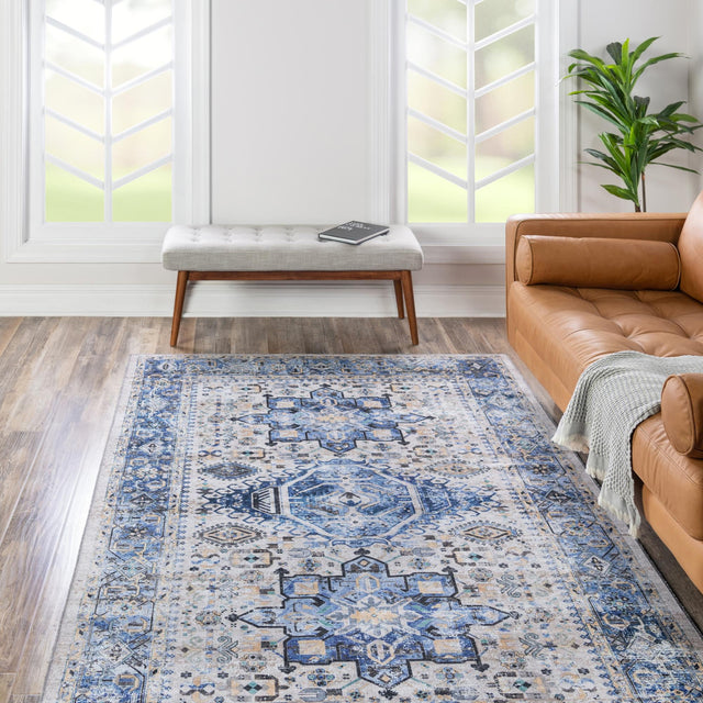 Washable Royal Blue 5' x 8' Yara Rectangle Area Rug Easy to Clean Stain Resistant & Durable Polyester & Chenille Carpet for Sale at Rug Engine