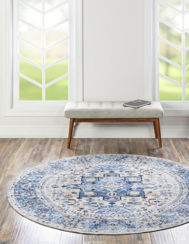 Washable Royal Blue 6' x 6' Yara Round Area Rug Easy to Clean Stain Resistant & Durable Polyester & Chenille Carpet for Sale at Rug Engine