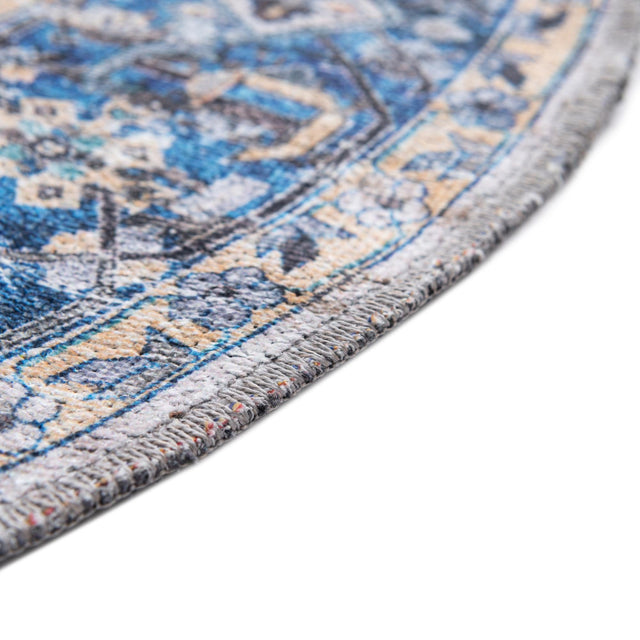 Washable Royal Blue 4' x 4' Yara Round Area Rug Easy to Clean Stain Resistant & Durable Polyester & Chenille Carpet for Sale at Rug Engine