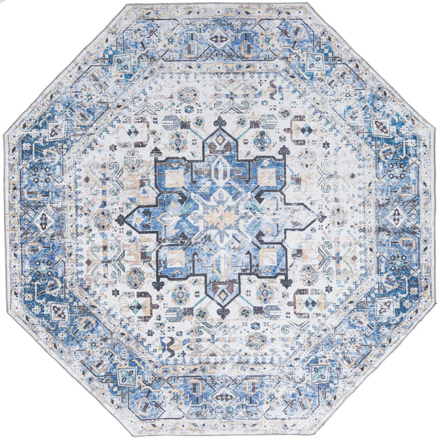 Washable Royal Blue 7' 10 x 7' 10 Yara Octagon Area Rug Easy to Clean Stain Resistant & Durable Polyester & Chenille Carpet for Sale at Rug Engine