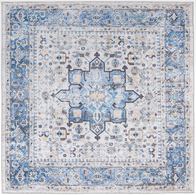 Washable Royal Blue 7' 10 x 7' 10 Yara Square Area Rug Easy to Clean Stain Resistant & Durable Polyester & Chenille Carpet for Sale at Rug Engine