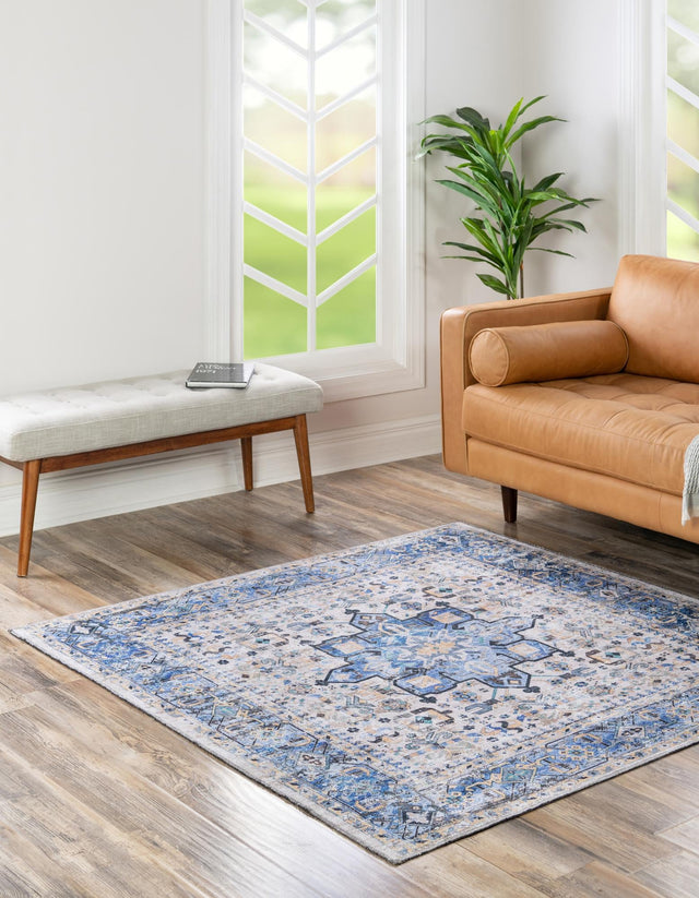 Washable Royal Blue 7' 10 x 7' 10 Yara Square Area Rug Easy to Clean Stain Resistant & Durable Polyester & Chenille Carpet for Sale at Rug Engine
